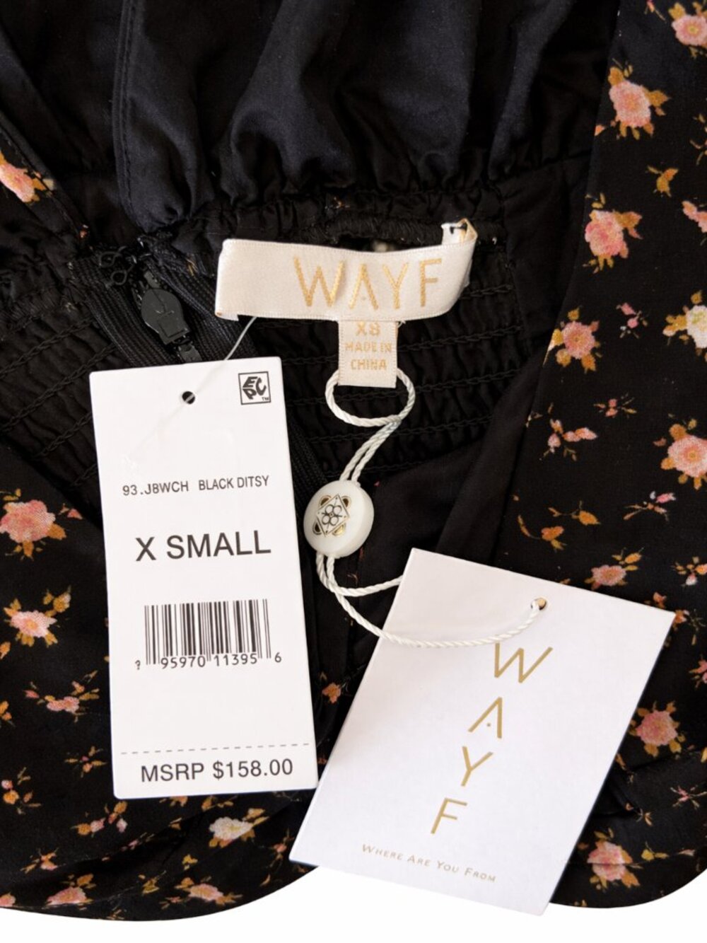 WAYF Floral Maxi Dress XS Black Ditsy Tiered Ruffle V-Neck Puff Sleeve Slit NWT - Picture 5 of 5